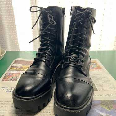 Mid boots, thick-soled, lace-up, black, faux leath