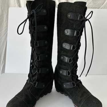 SOREL Womens Joan Of Arctic Wedge high quality Suede Black Grey Knee High Laced Boots Sz 7.5