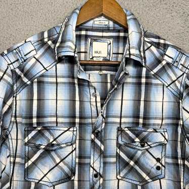 Bke Small Blue Black Plaid Check Western Pearl Sna