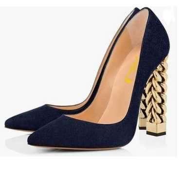 FSJ Navy Suede Gold Metal Chain Chunky High Heel … - image 1