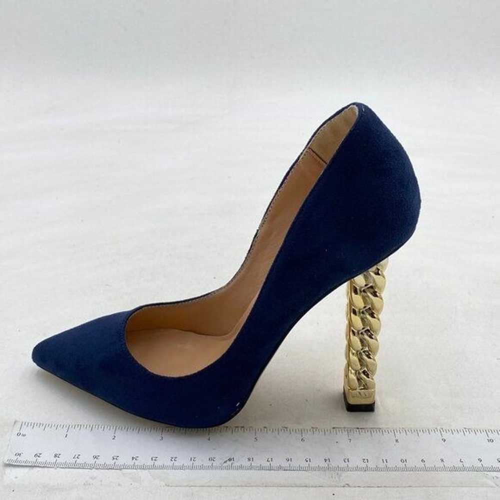 FSJ Navy Suede Gold Metal Chain Chunky High Heel … - image 2