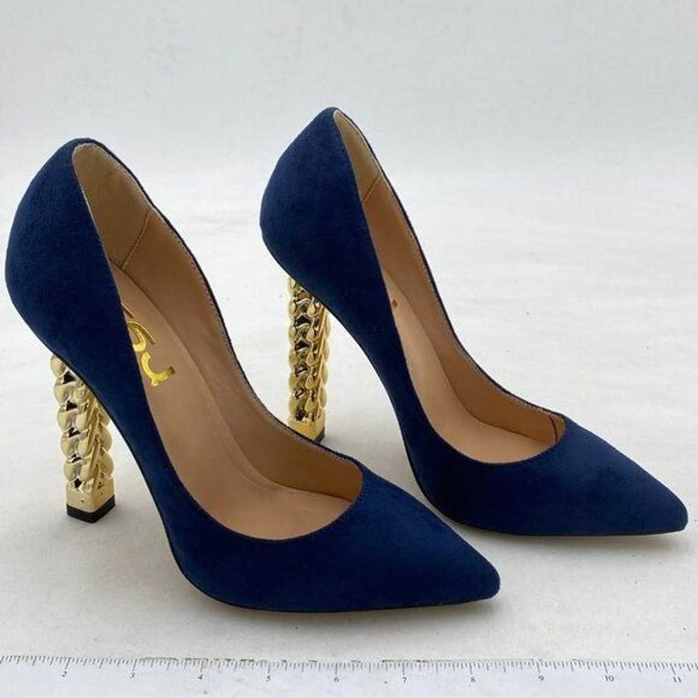 FSJ Navy Suede Gold Metal Chain Chunky High Heel … - image 4