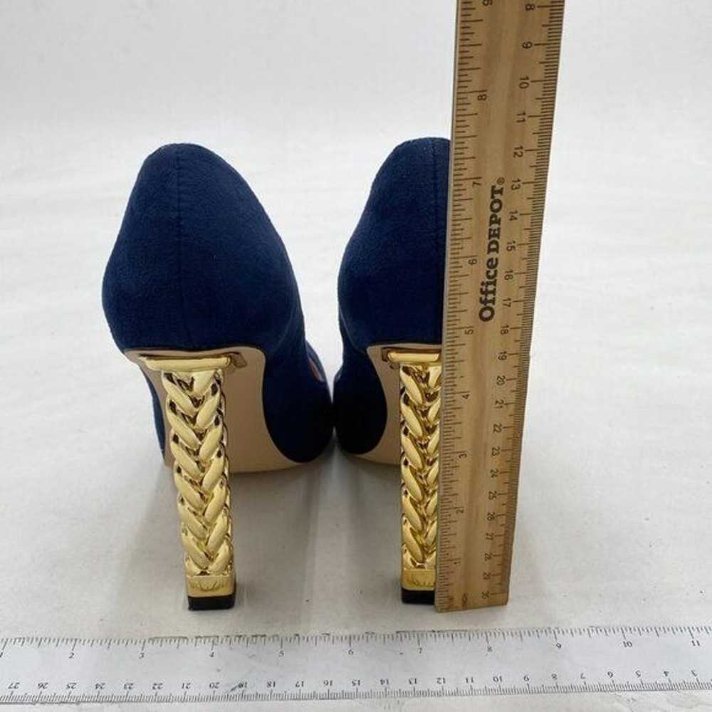 FSJ Navy Suede Gold Metal Chain Chunky High Heel … - image 5