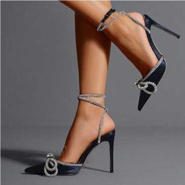 FSJ Blue Pointy Toe Stiletto High Heel Sandal Bow… - image 1