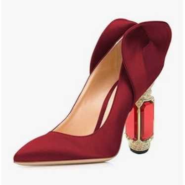 FSJ Wine Red Satin Pumps Pointed Toe Crystal High 