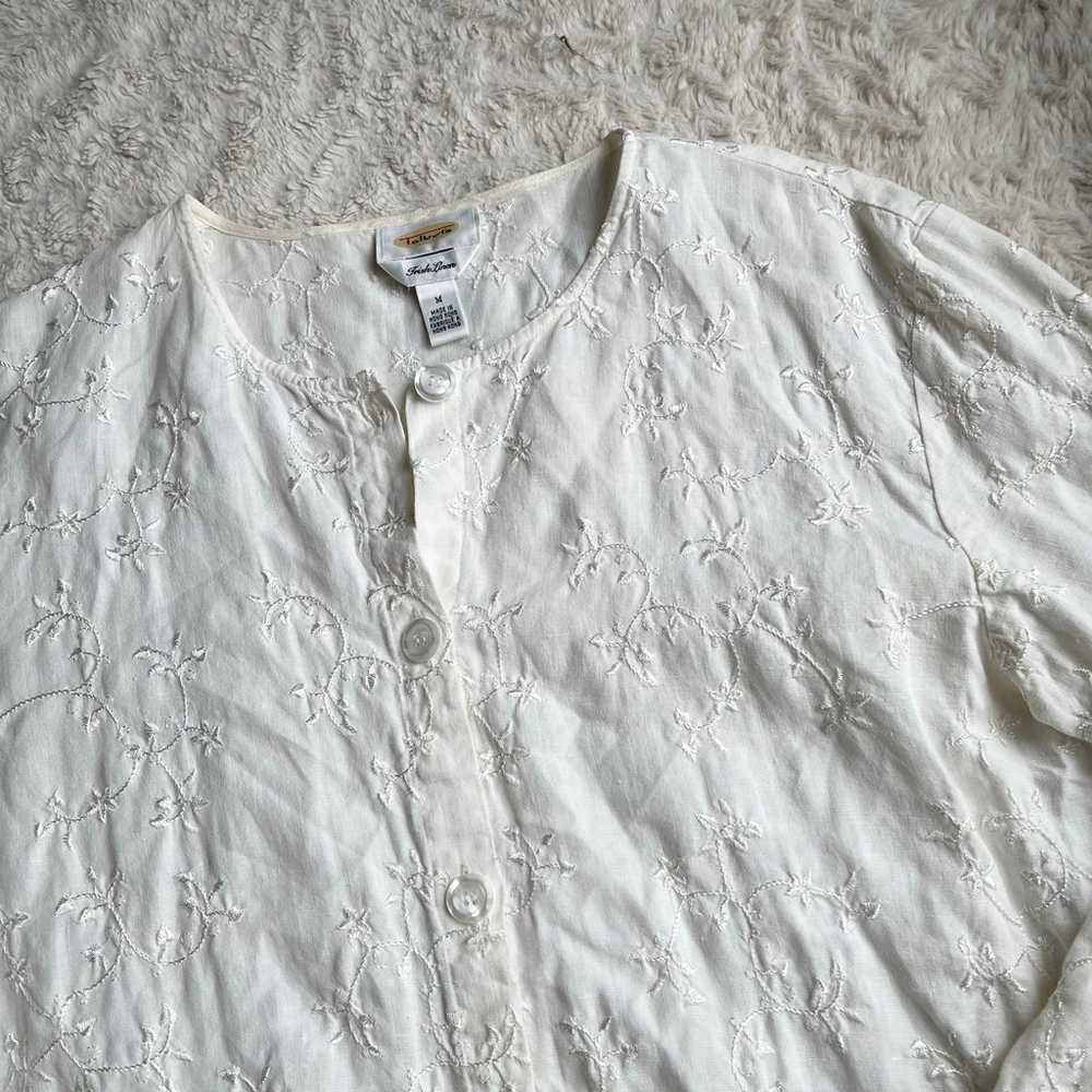 Vintage embroidered floral linen top blouse butto… - image 5