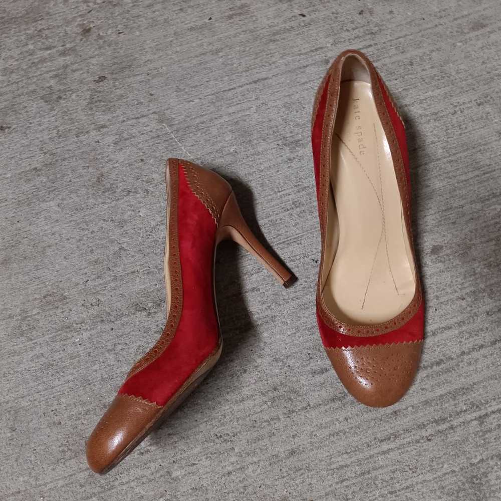 Kate Spade Kelly Pumps Red Suede Tan Leather Heel… - image 1