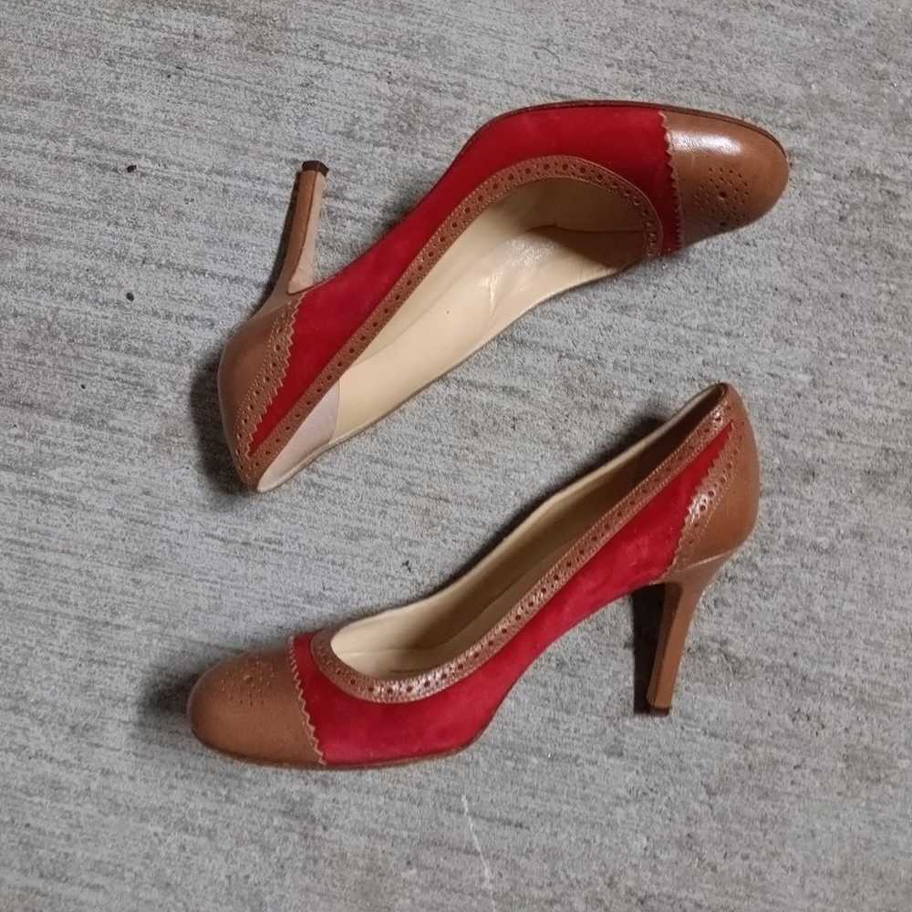 Kate Spade Kelly Pumps Red Suede Tan Leather Heel… - image 3