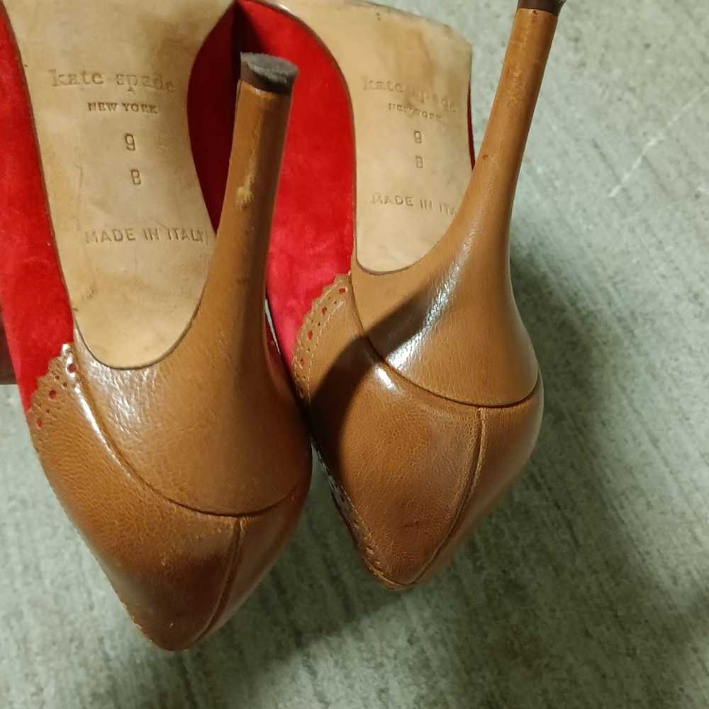 Kate Spade Kelly Pumps Red Suede Tan Leather Heel… - image 9