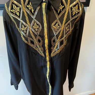 Cedars SZ 12 1980's SILK BLACK & Gold Beaded Embr… - image 1