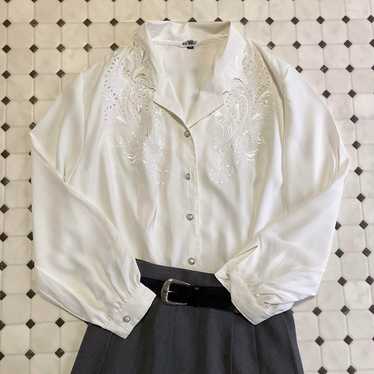 Used retro white embroidered blouse vintage. - image 1