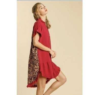 Umgee Linen Hi-Low Red Dress Leopard Print Back Fr