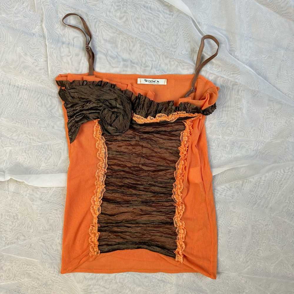 Vintage 00s brown & orange mesh & organza layered… - image 2