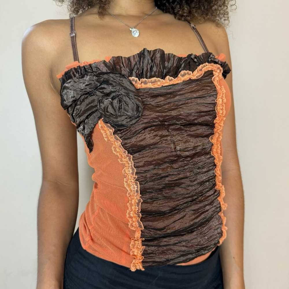 Vintage 00s brown & orange mesh & organza layered… - image 5