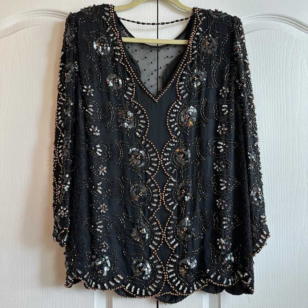 Oleg Cassini | EUC - Vintage Beaded Silk Blouse -… - image 2