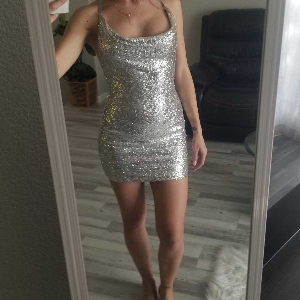 Silver sequin mini party sexy dress - image 3