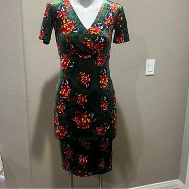 Zara green velvet short sleeve floral dress