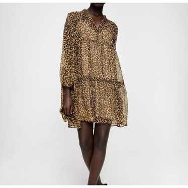 Zara Leopard Print Brown Shift Tiered Long Sleeve 