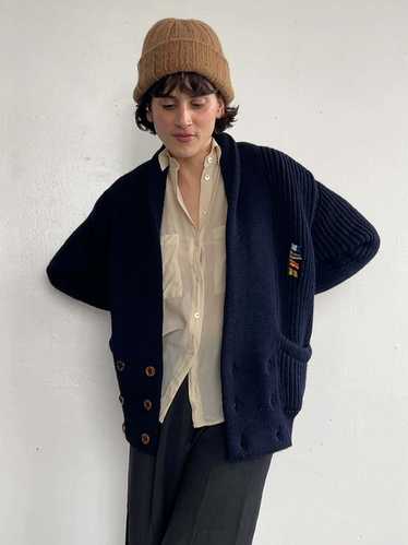 Vintage Wool Chunky Knit Cardigan - Navy