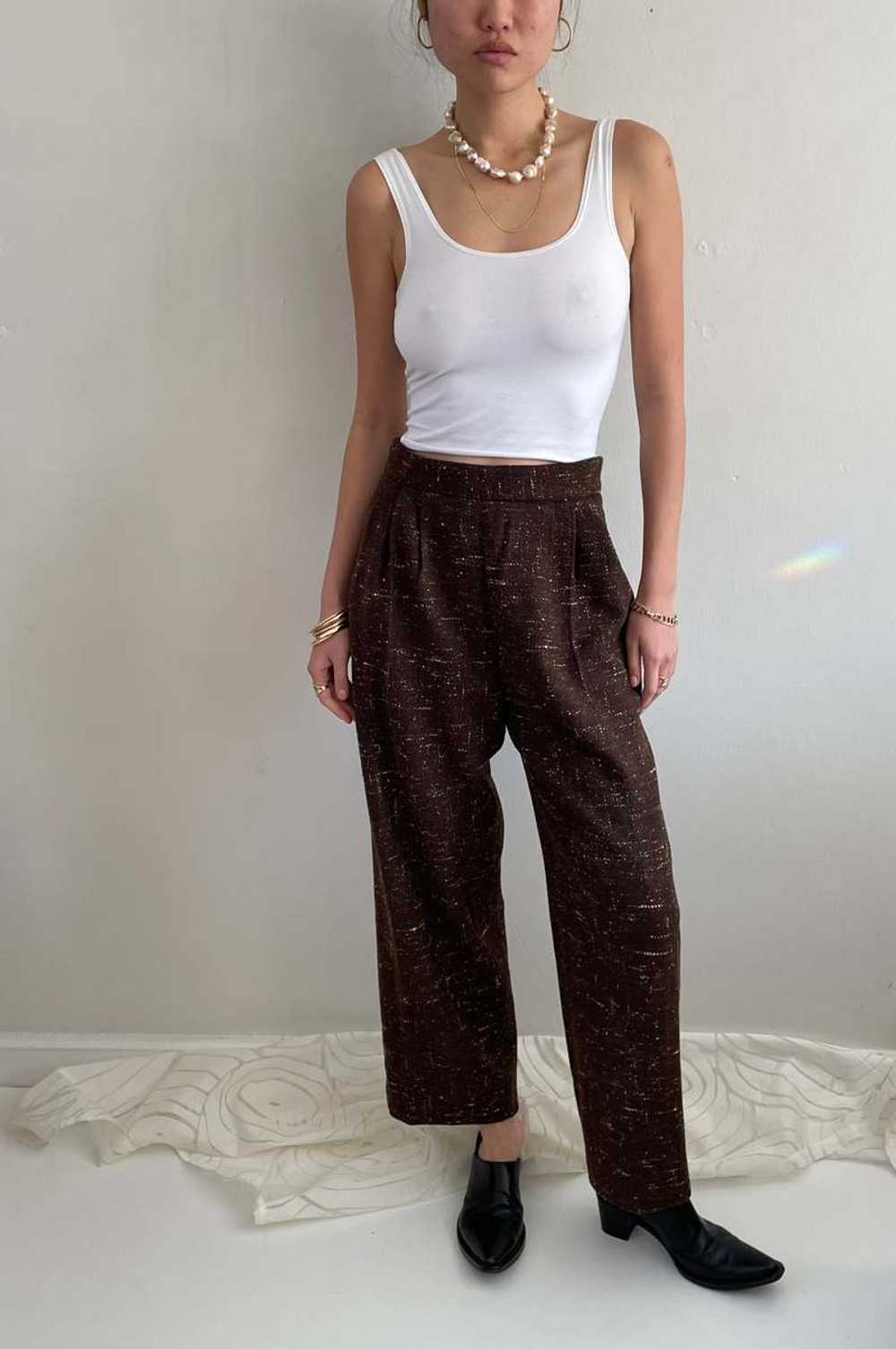 Vintage 90s Tweed Wide Leg Pleated Pants - Brown - image 2