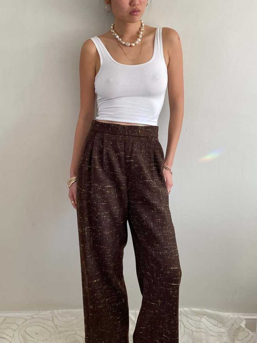 Vintage 90s Tweed Wide Leg Pleated Pants - Brown - image 4