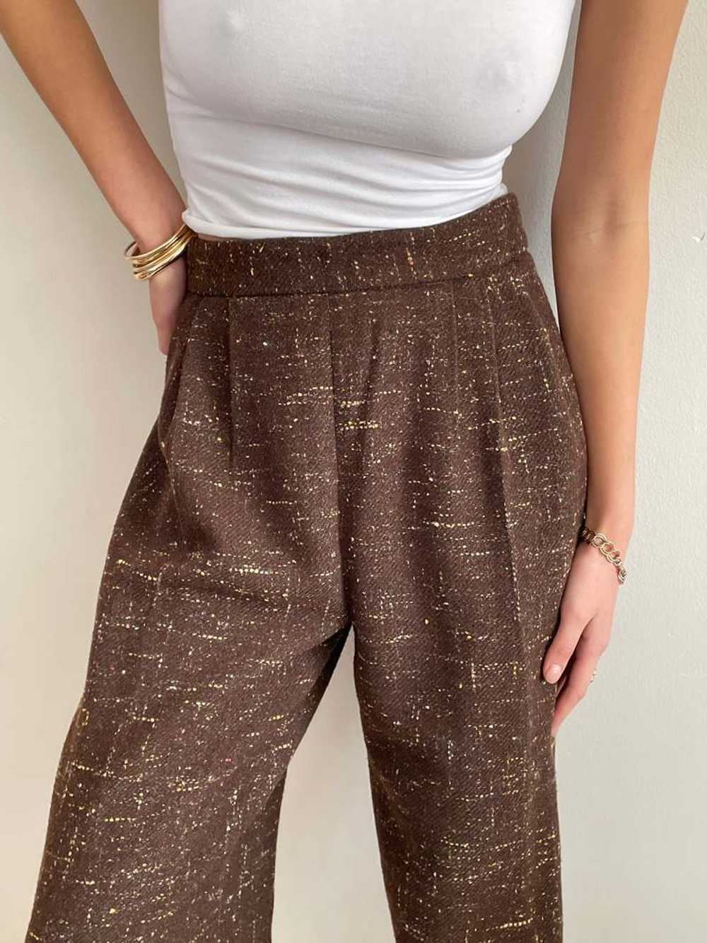 Vintage 90s Tweed Wide Leg Pleated Pants - Brown - image 5