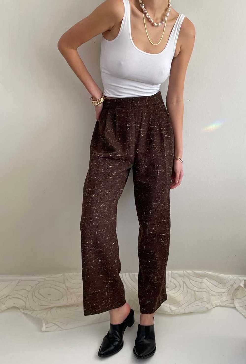 Vintage 90s Tweed Wide Leg Pleated Pants - Brown - image 7