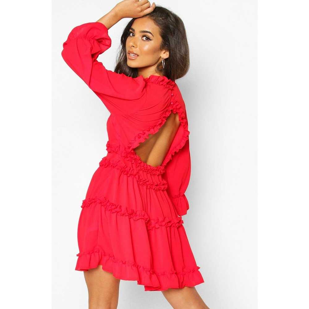 NEW Boohoo Red Ruffle Woven Ruffle Trim Skater Dr… - image 2