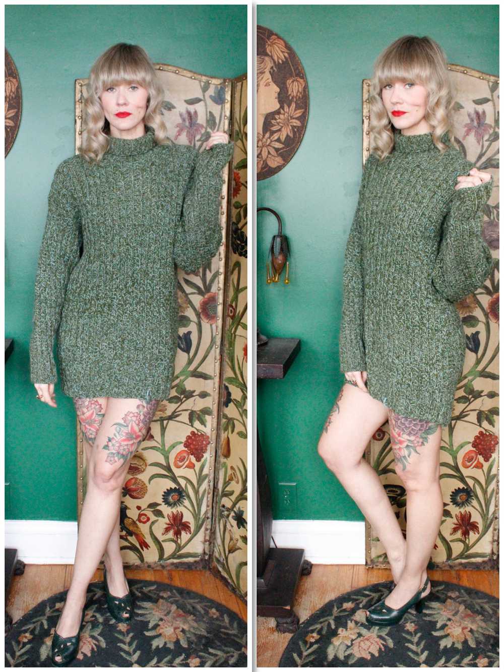 1980s Oversized Green Wool Turtleneck Sweater - L… - image 1