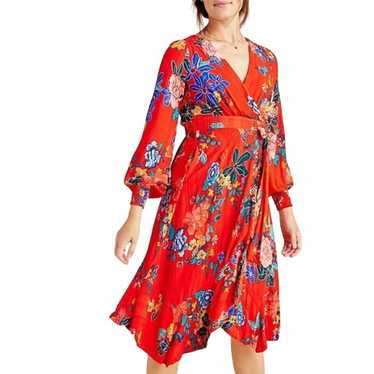 Anthropologie 4 Boswell Textured Wrap Dress Red Fl