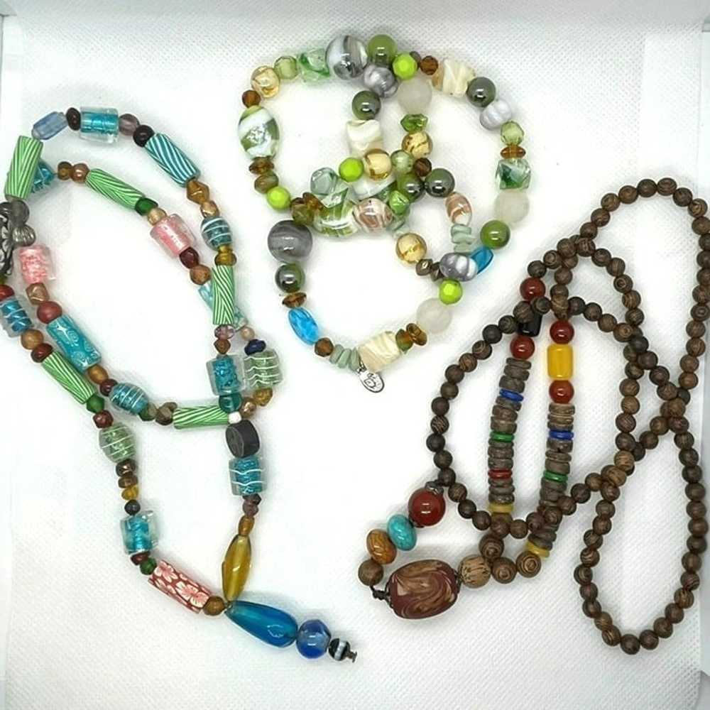 VTG Lot Boho Ethnic Wood Glass Beads Necklaces Br… - image 2