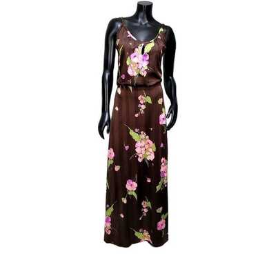 Vintage 70s 80s Heavy Poly Maxi Dress Pink Floral… - image 1