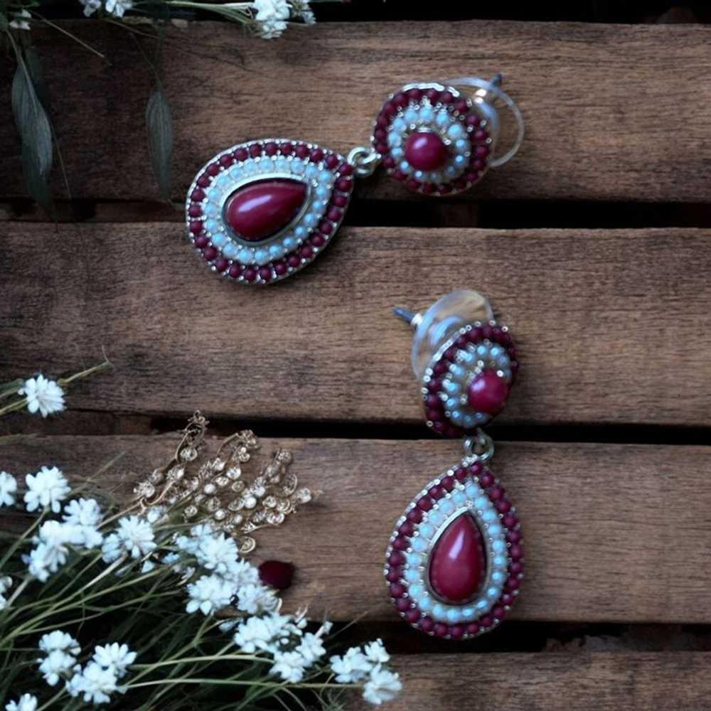 Vintage Red and White Beaded Teardrop Earrings Wi… - image 1