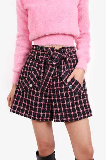 Maje Black/Pink Tweed Check Belted High-Rise Short