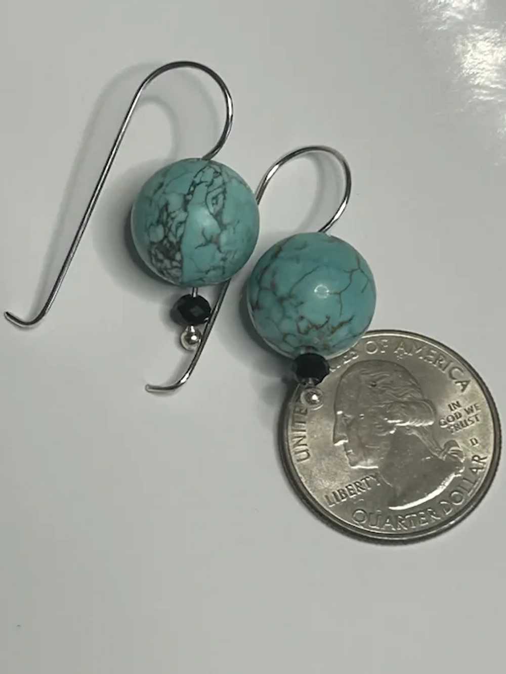 Large 13mm Natural Turquoise, Onyx Sterling - image 2