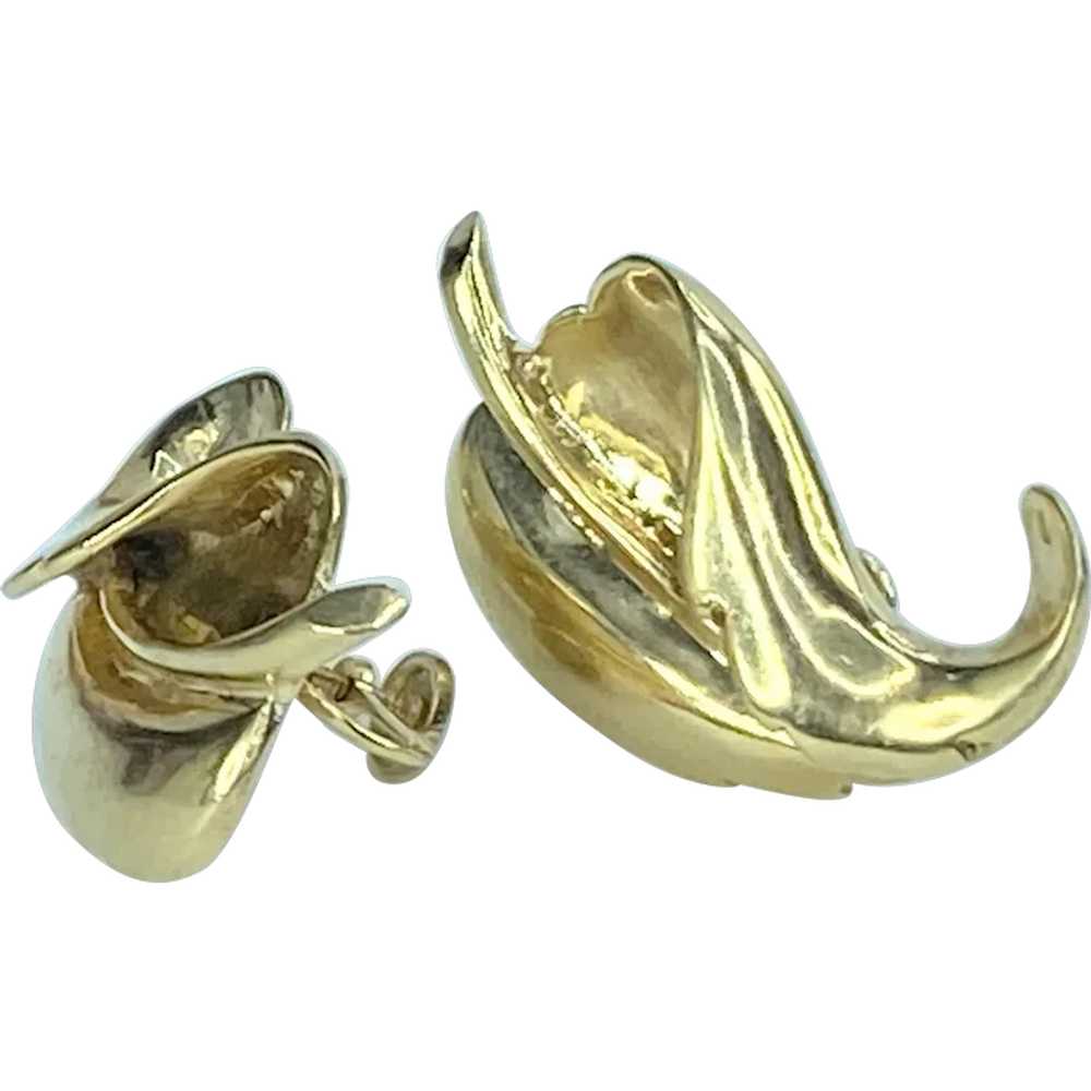 Large 14K yellow gold curl up Leaf screw on earri… - image 1