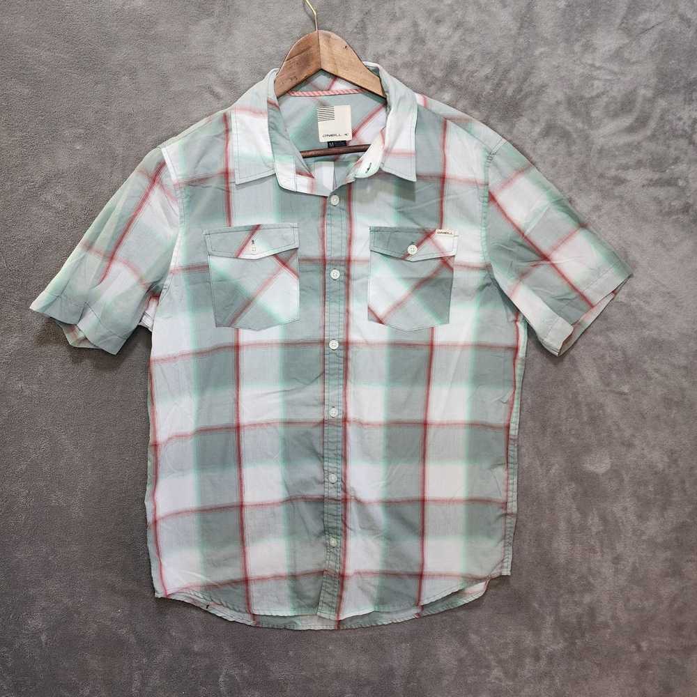 Oneill O'Neil Medium Plaid Shirt White w/ Red Str… - image 1