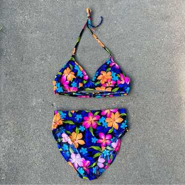 Trippy Art 1970s Retro Hippie store Style Purple Swimsuit Neon Colors Tropical Flowers High Waisted Bikini Women's Beachwear