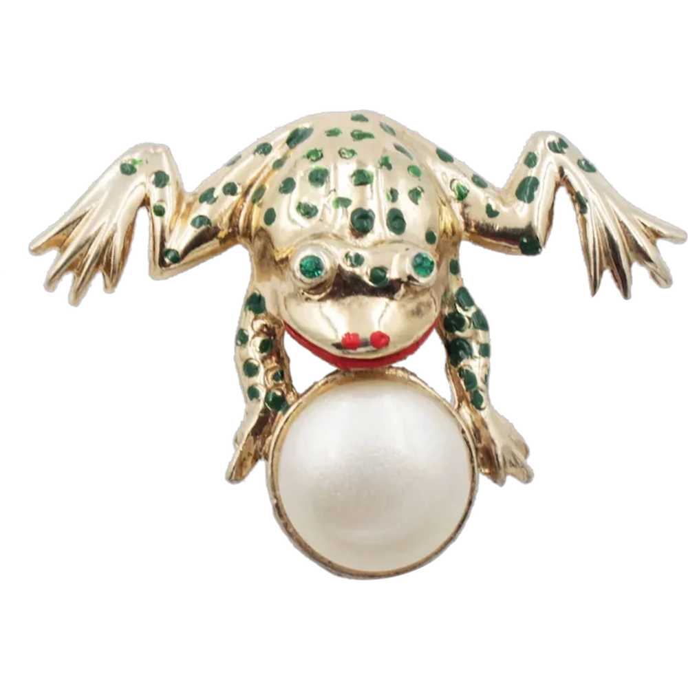 Brooch Pin Frog Glass Faux Pearl Jumping Figural … - image 1