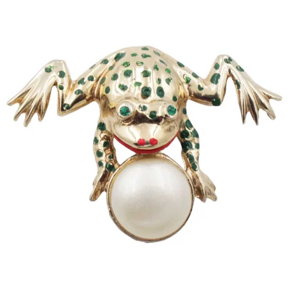 Brooch Pin Frog Glass Faux Pearl Jumping Figural … - image 3