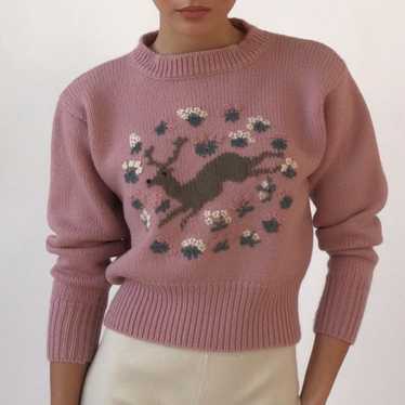 Vintage 80's Dusty Lilac Wool Floral Deer Crewnec… - image 1