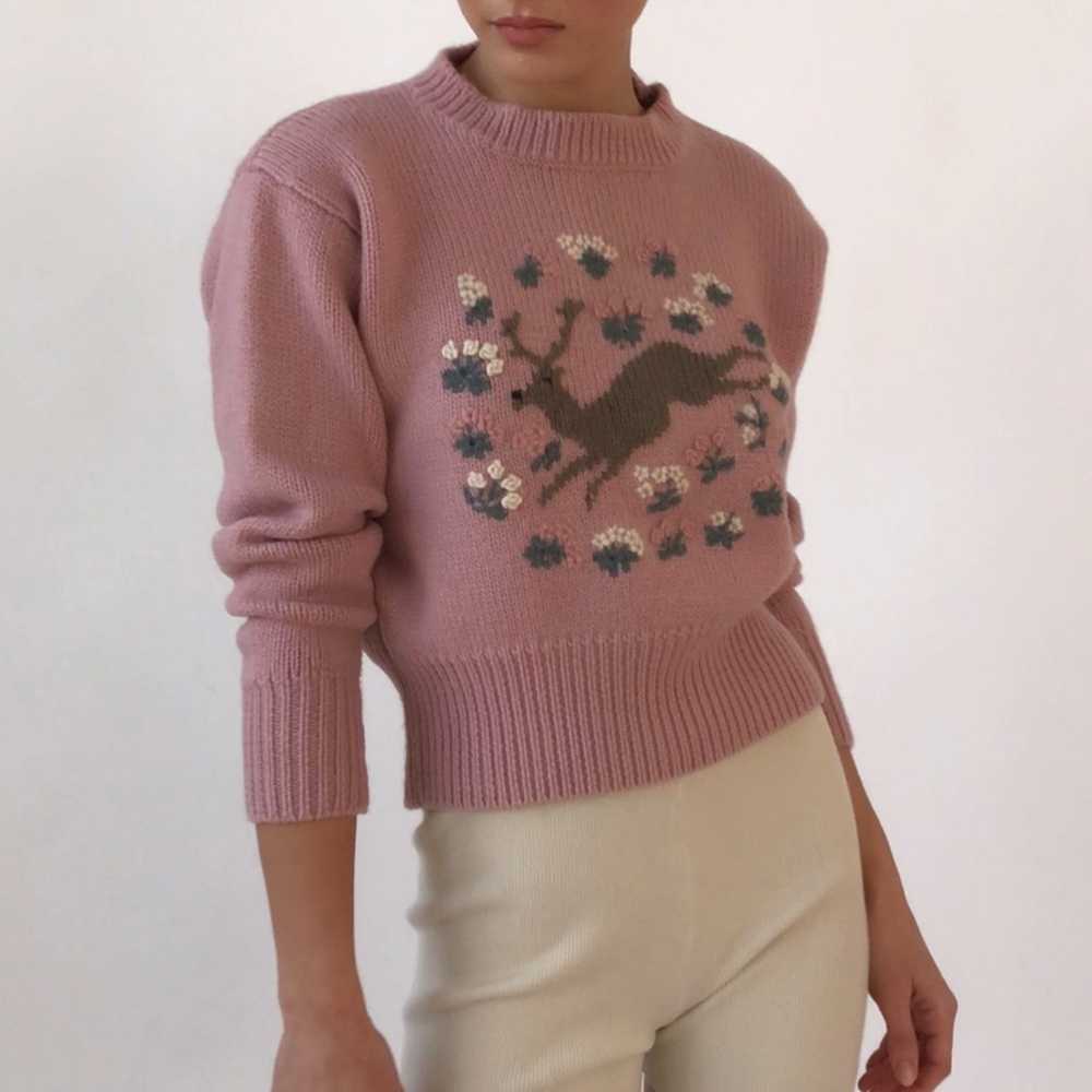 Vintage 80's Dusty Lilac Wool Floral Deer Crewnec… - image 3