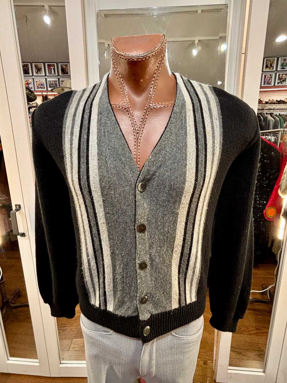 60’s Black & Gray Vertical Stripes Cardigan - image 1