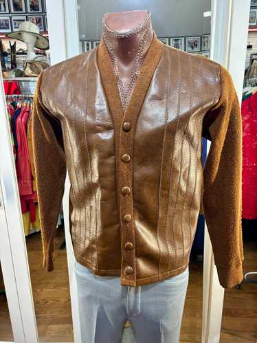 60’s Brown Knit & Faux Leather Cardigan By Sears