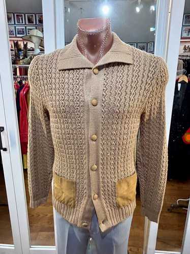 60’s Sand Beige Knit and Suede Patches Button Car… - image 1