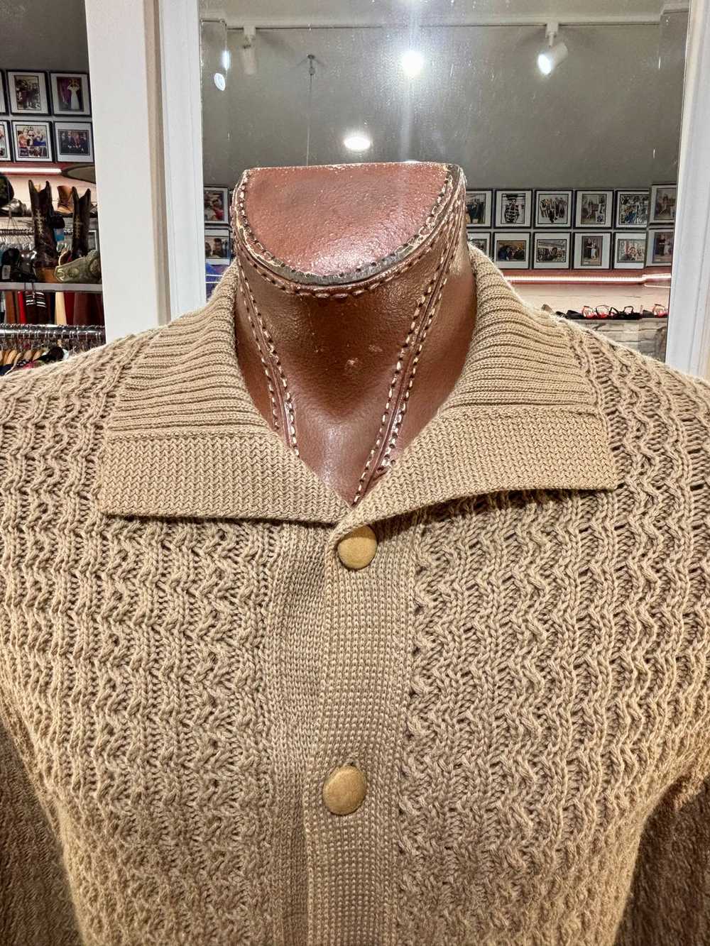 60’s Sand Beige Knit and Suede Patches Button Car… - image 2