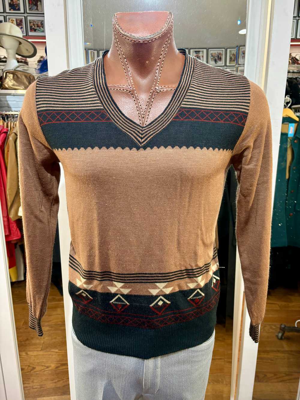 70’s Beige Multicolor V Neck Sweater By Chemise E… - image 1