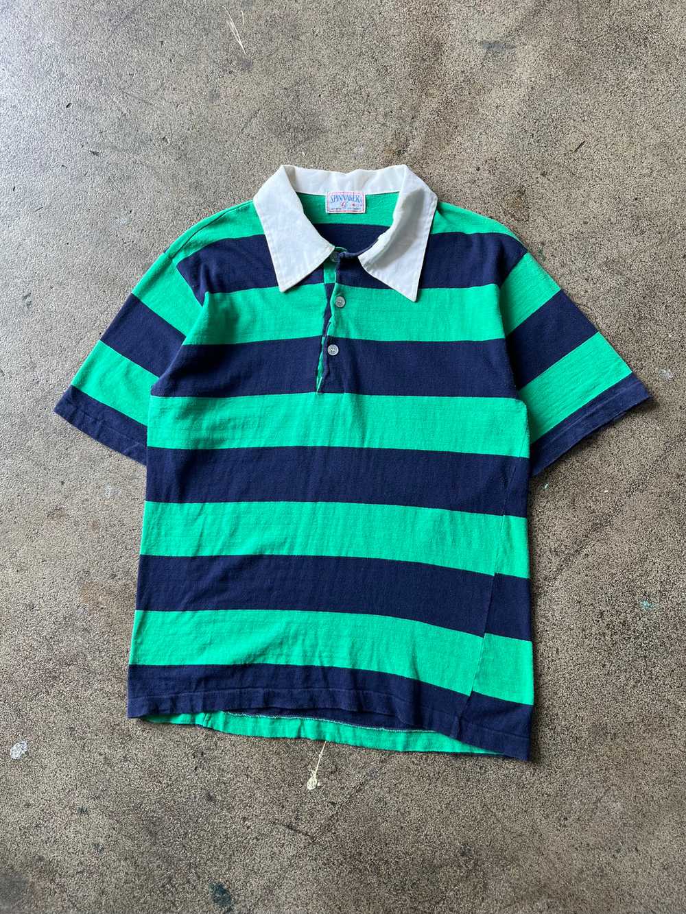 1980s Green Striped Oversized Collar Polo Shirt - image 1