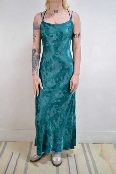 90s/00s "Steppin Out" Teal Floral Satin Maxi Dress