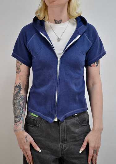 Blue Zip Up Short Sleeve Hooded Sweatshirt